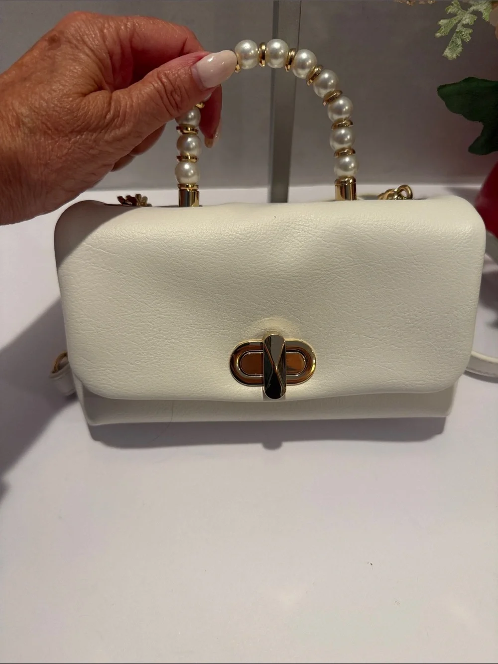 New INC Elegant White Pearl-Handle Vegan Crossbody Bag